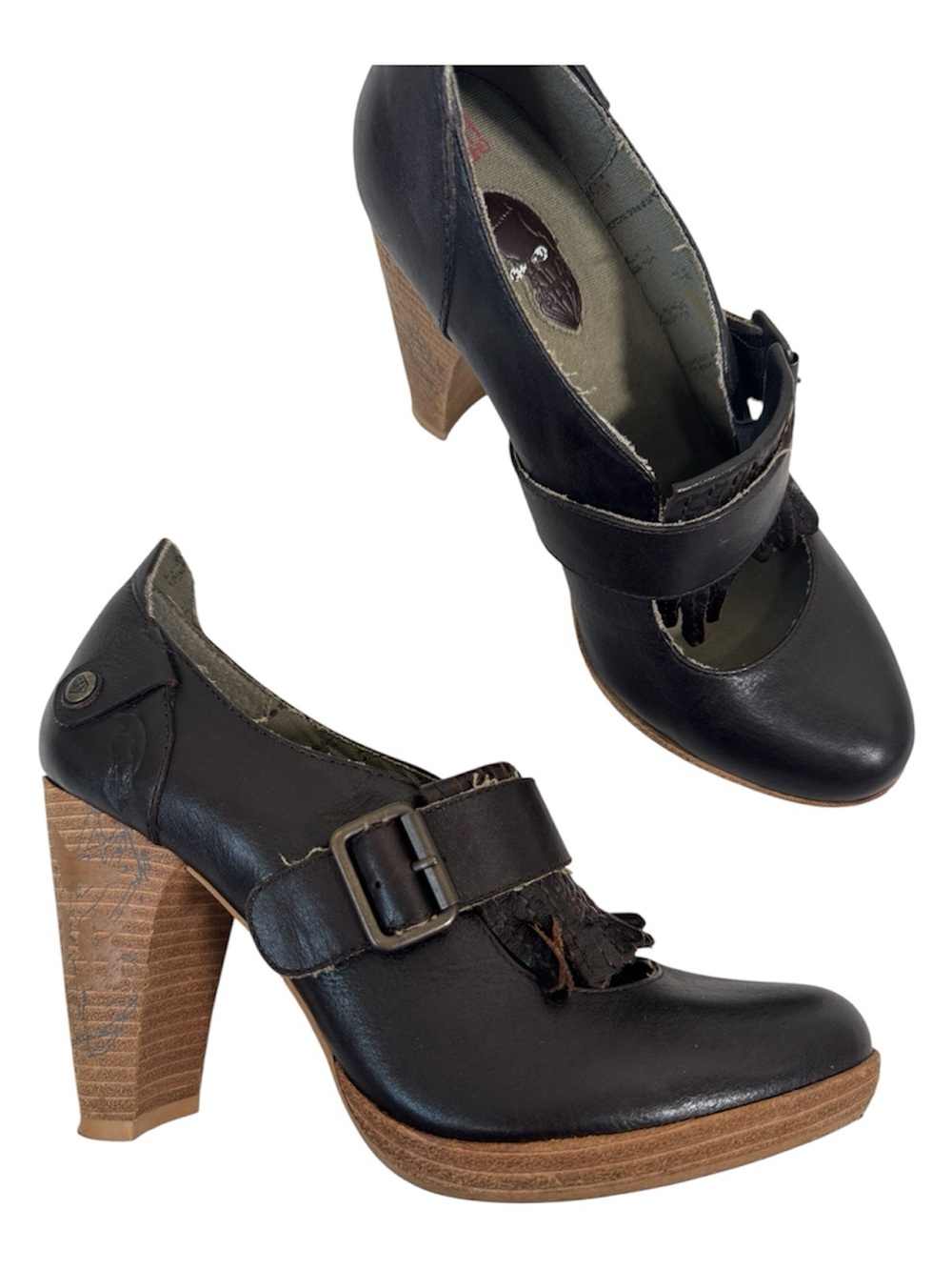 London Underground Brown Leather Mary Jane Heels Womens 8 Fringe Stacked Wood